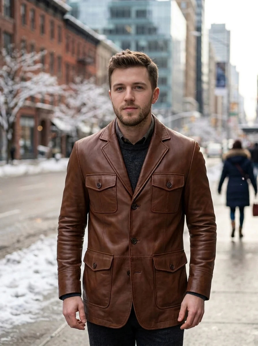 James Men's Dark Brown Leather Blazer