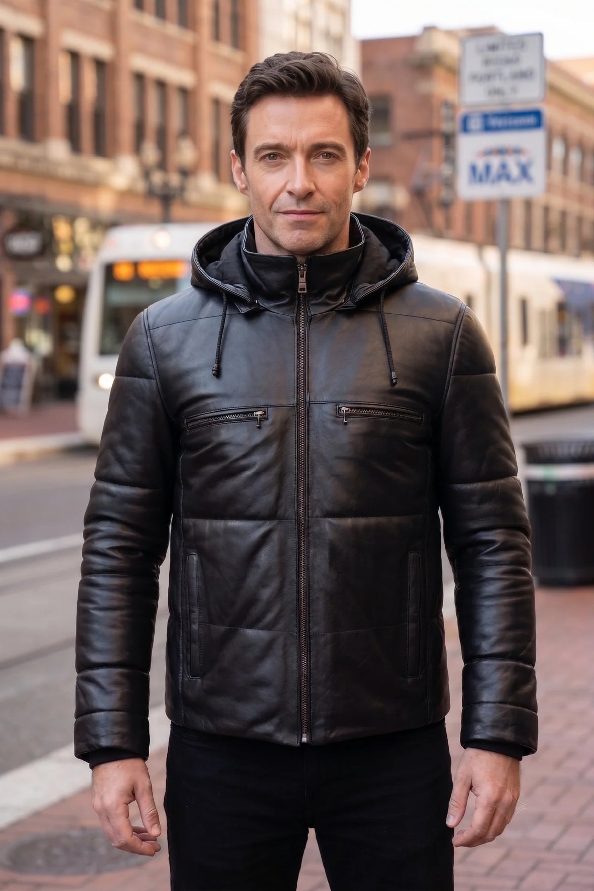 Joe Slim Fit Black Leather Jacket For Men With Hood