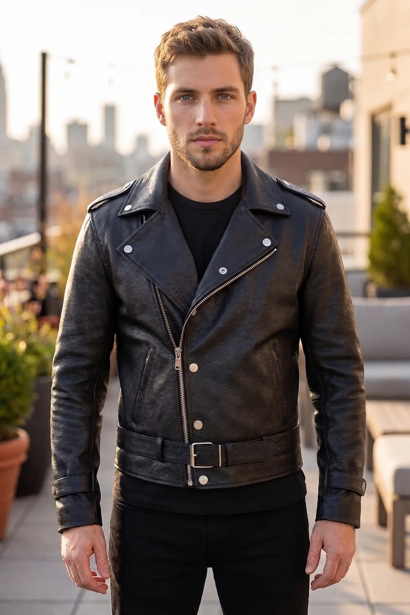 Joseph Black Leather Biker Style Jacket For Men