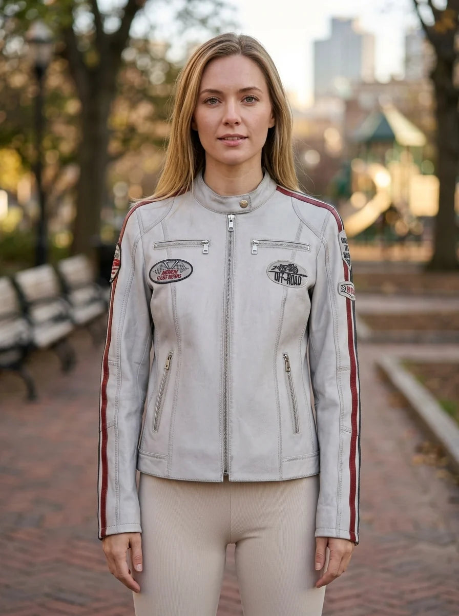 Lady White Racer Leather Jacket For Women