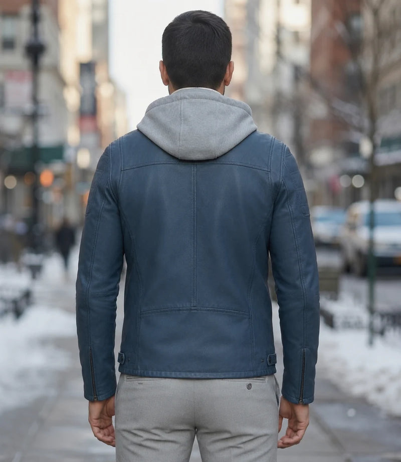 Leonard Blue Leather Jacket With Hood For Men