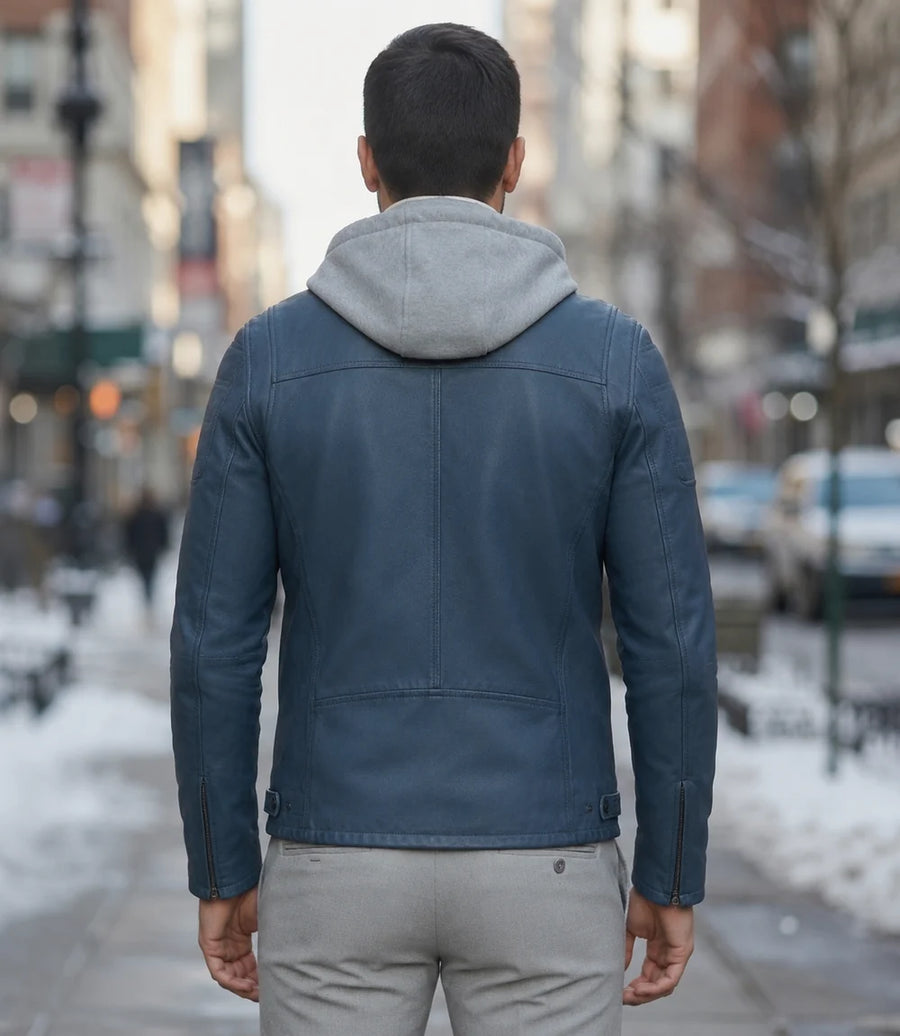 Leonard Blue Leather Jacket With Hood For Men