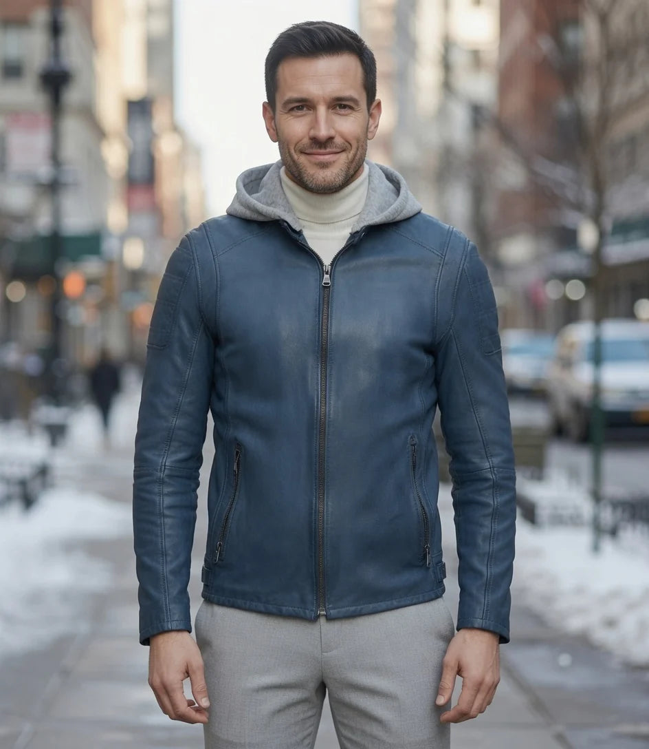 Leonard Blue Leather Jacket With Hood For Men