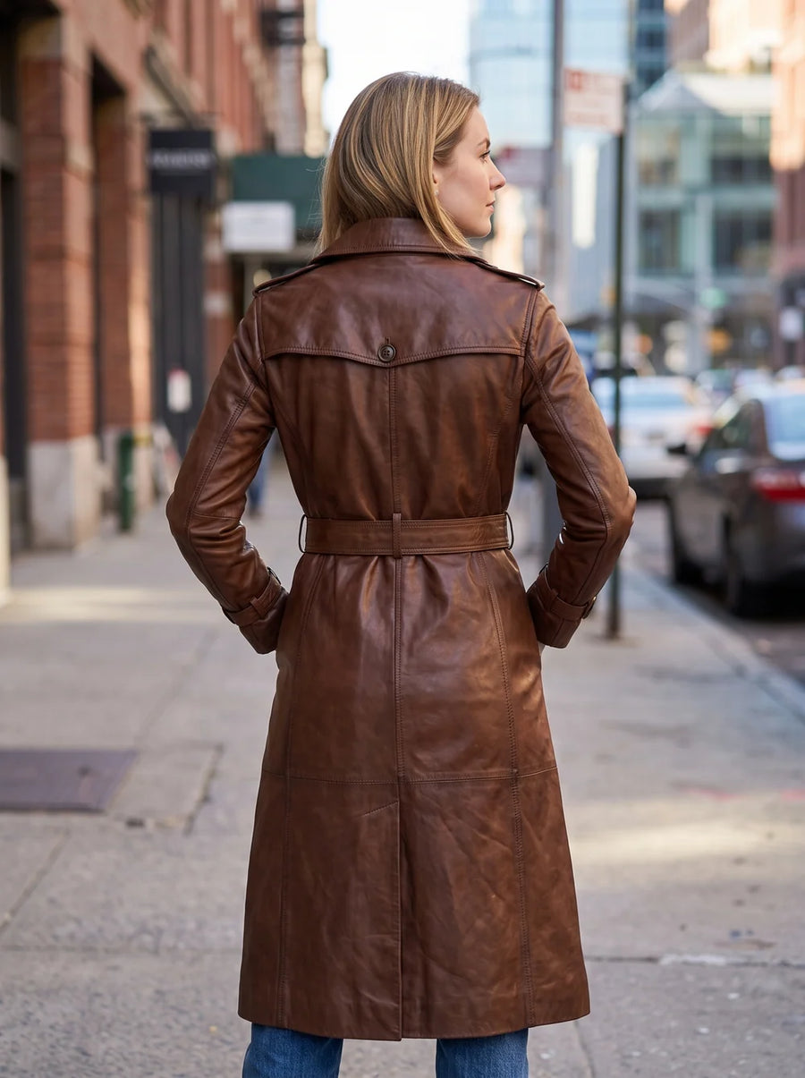 Long Brown Leather Coat For Women