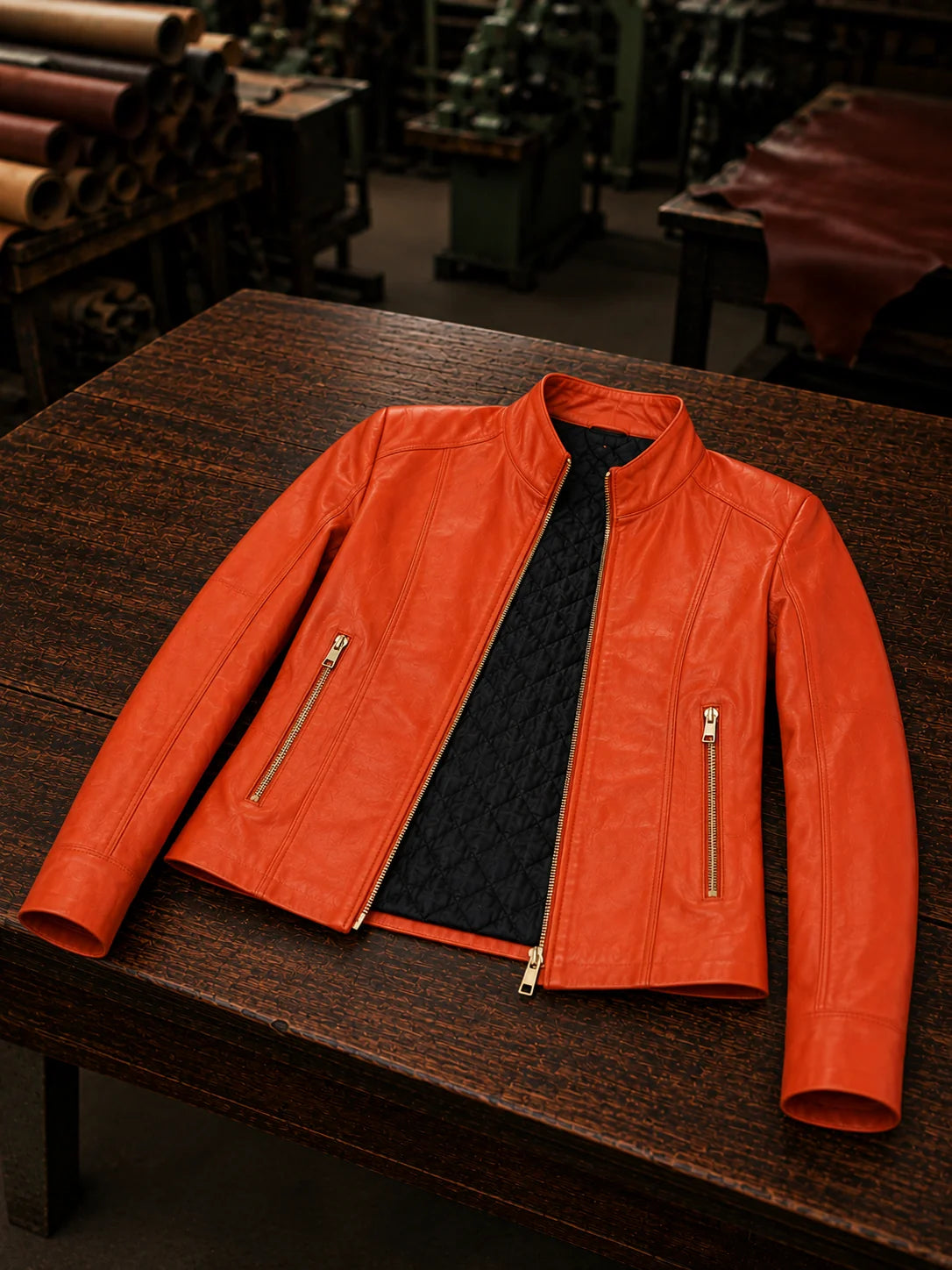 Mariahkay Orange Leather Jacket For Women