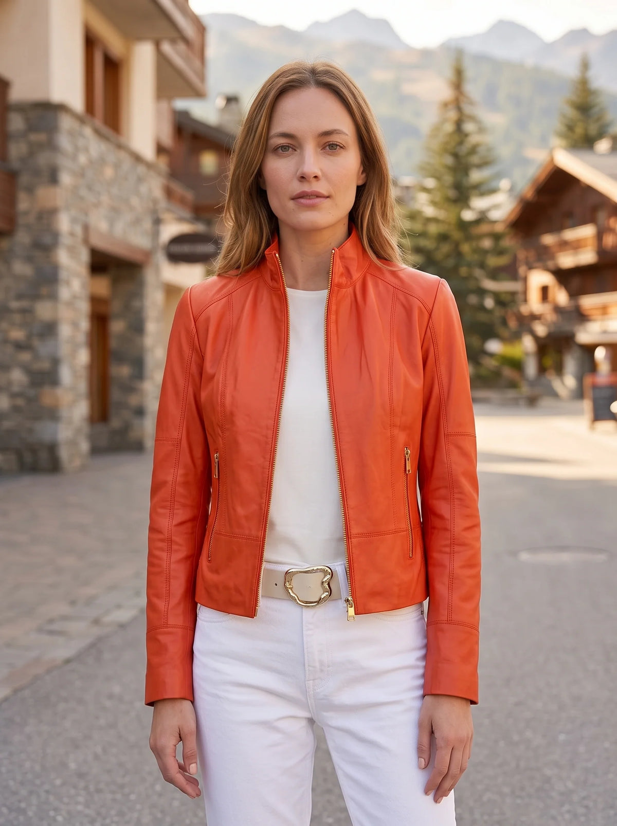 Mariahkay Orange Leather Jacket For Women