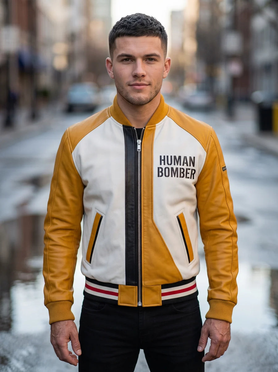 Men Yellow Bomber Cafe Racer Leather Jacket