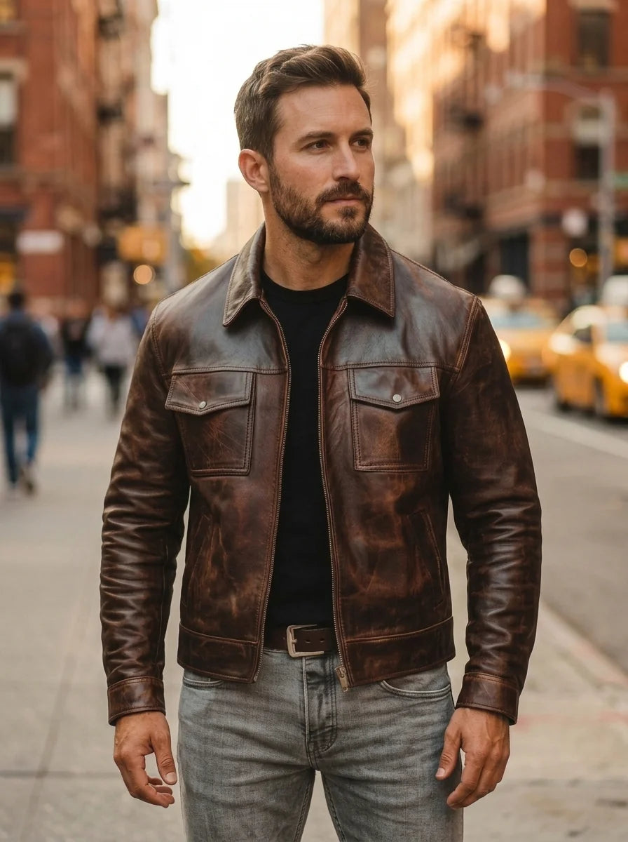 Men's Vintage Distressed Brown Leather Jacket