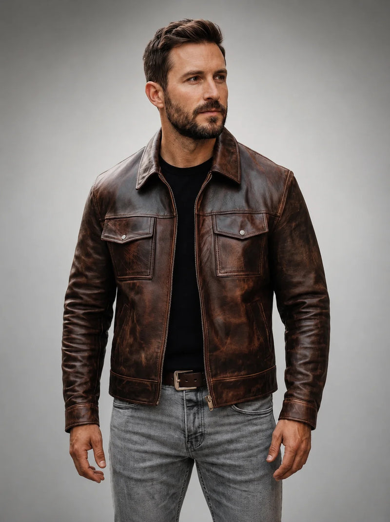Men's Vintage Distressed Brown Leather Jacket