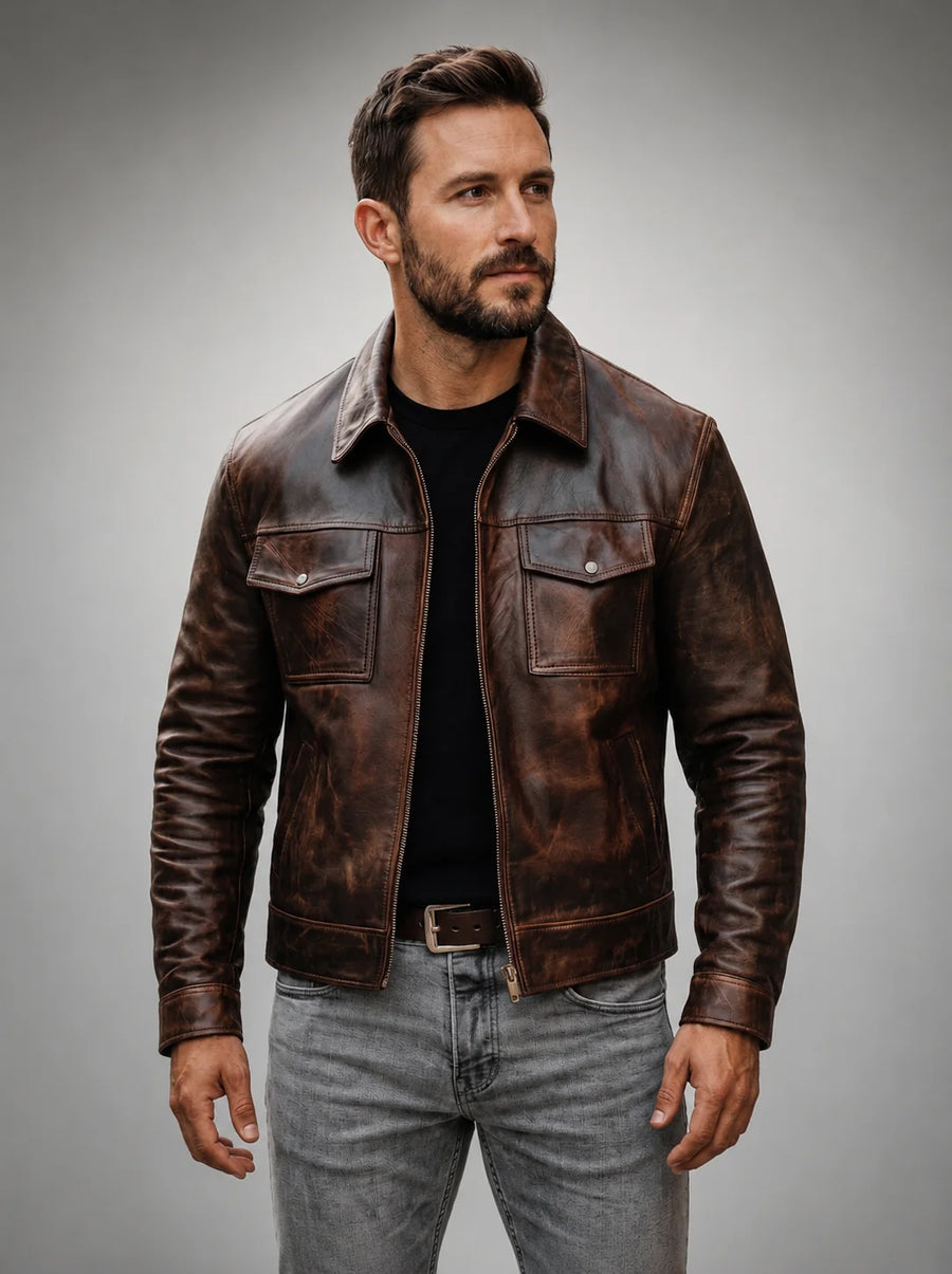 Men's Vintage Distressed Brown Leather Jacket