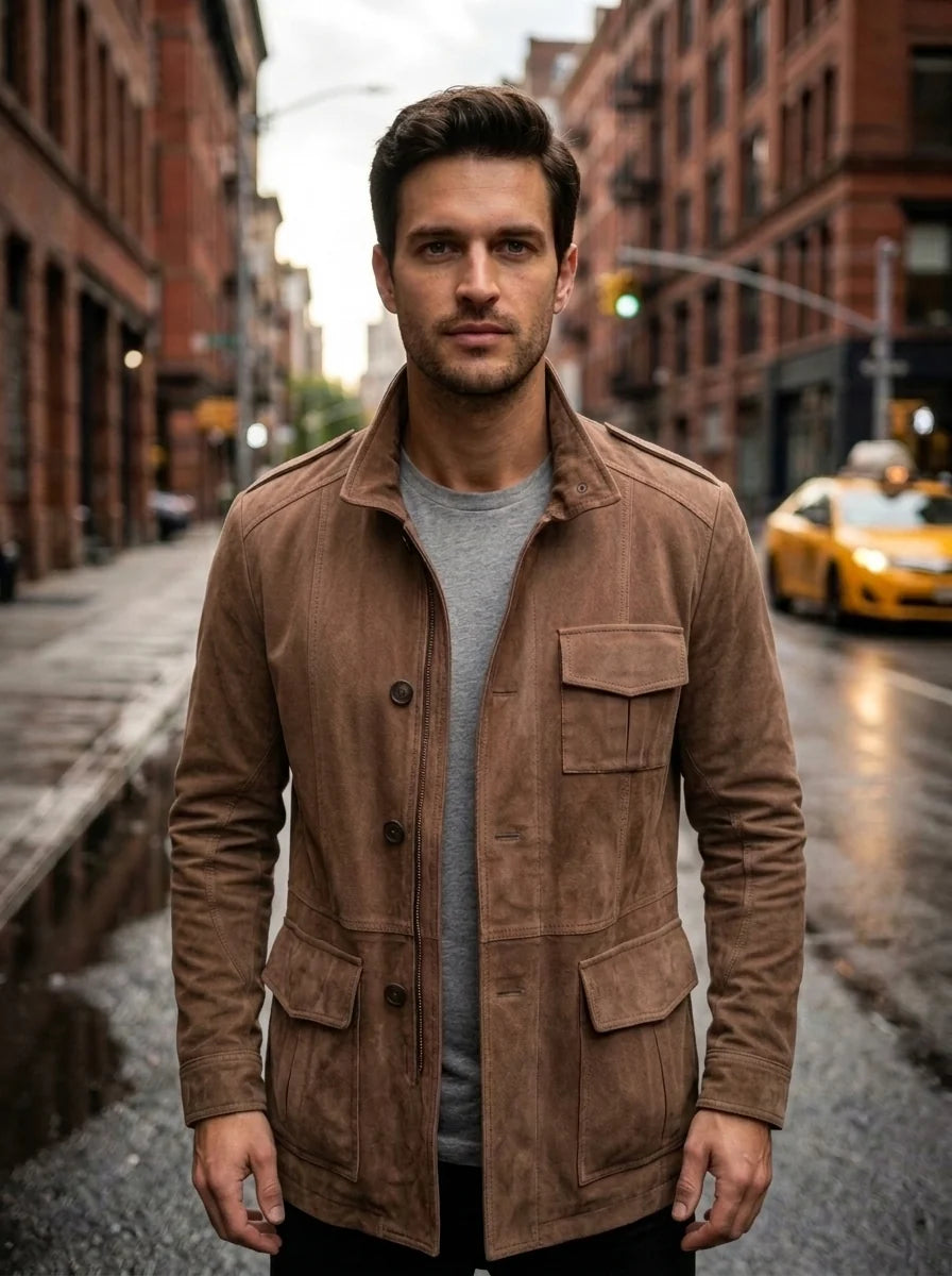 Men's Vintage Tan Suede Leather Field Jacket