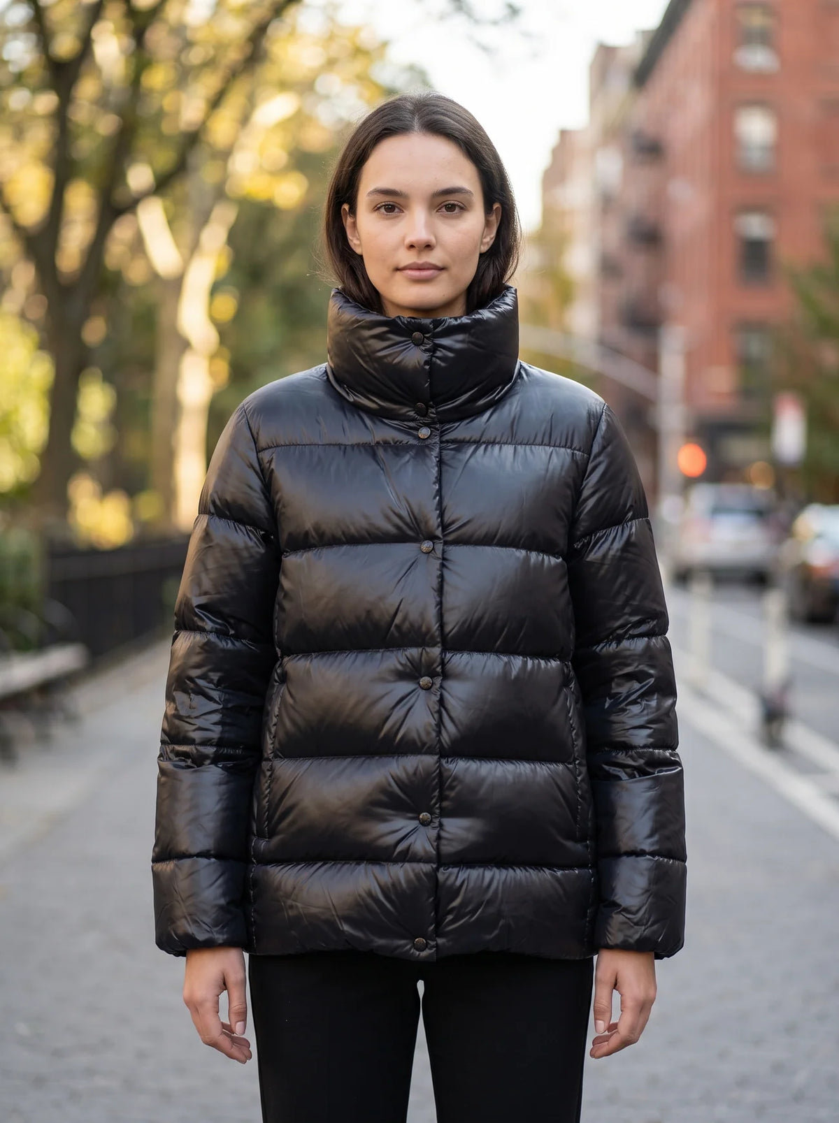 Mikhail Women’s Glossy Black Quilted Puffer Jacket