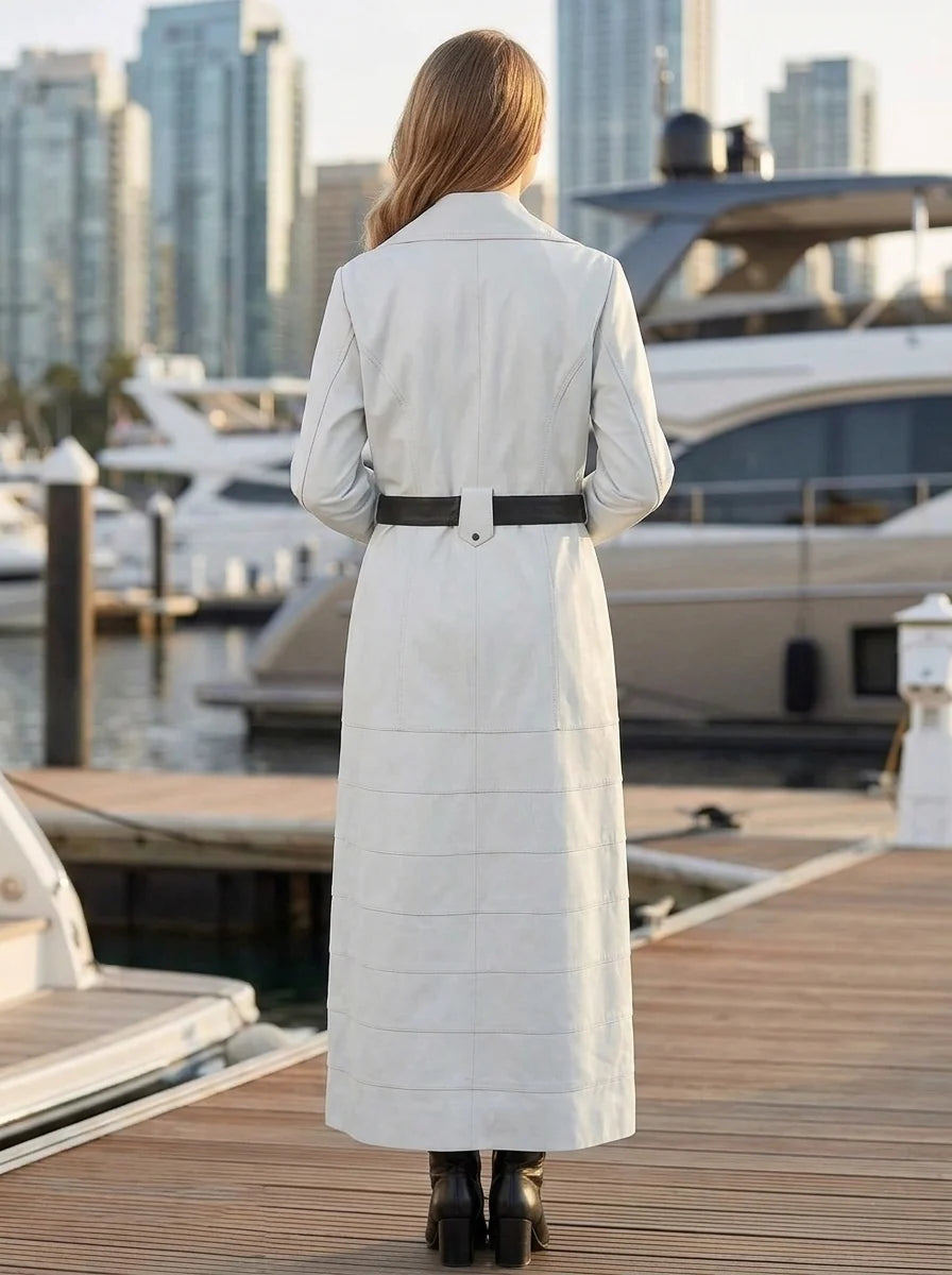 Natalia White Long Leather Coat For Women