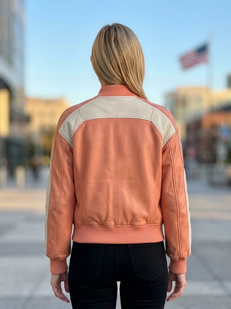 Peach & White Leather Jacket For Women