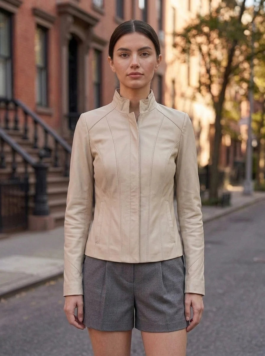 Penelope Beige Leather Jacket For Women