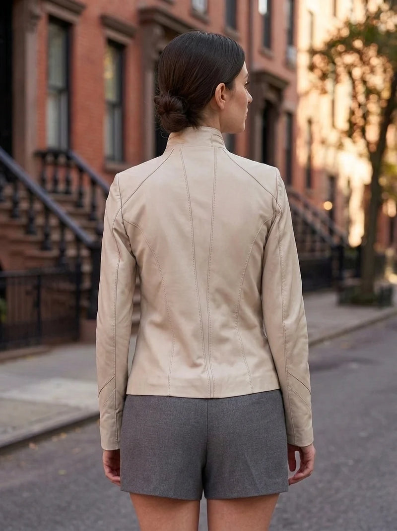 Penelope Beige Leather Jacket For Women