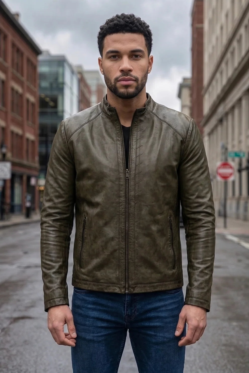 Peter Dark Green Biker Racer Leather Jacket For Men