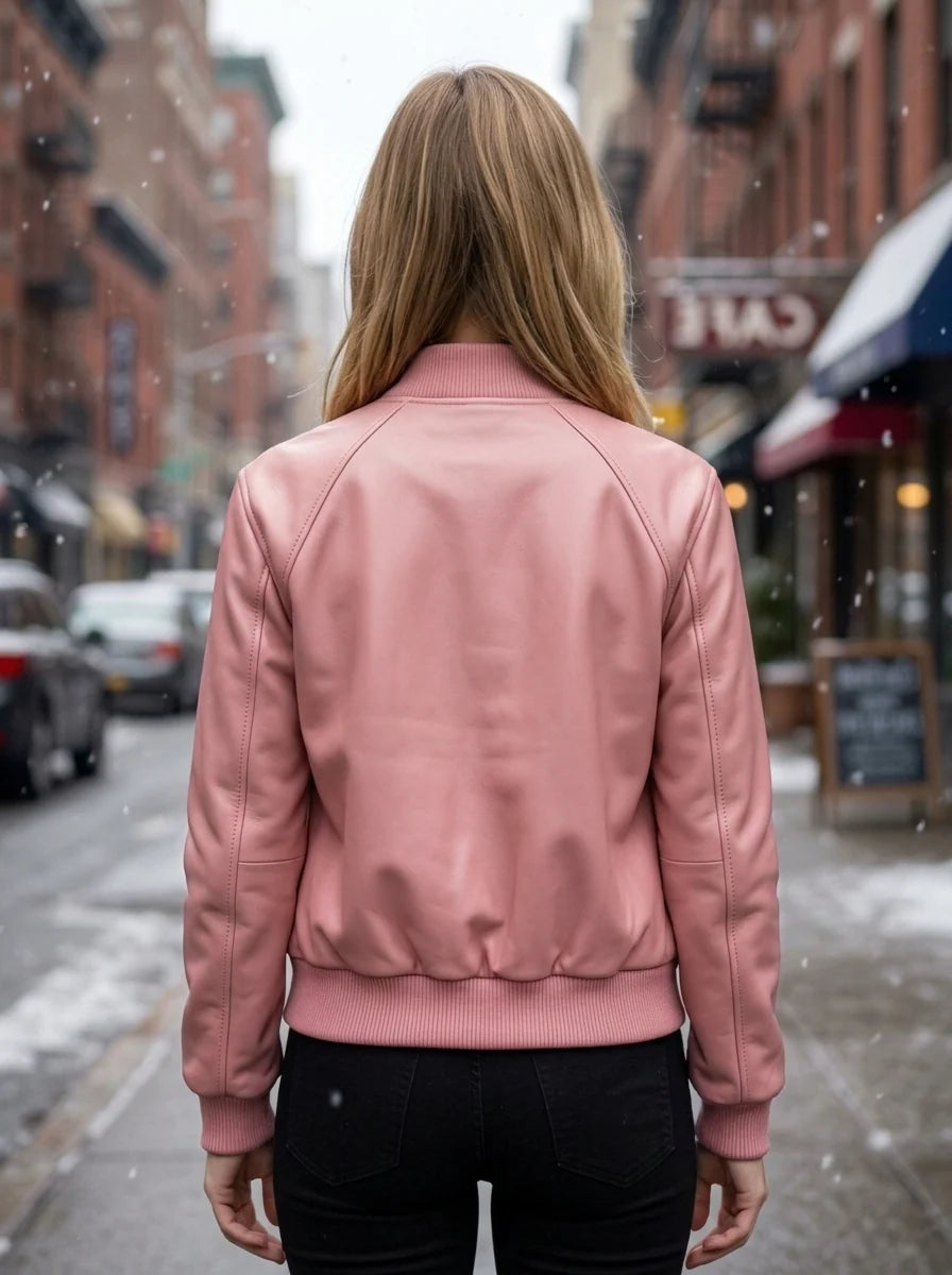 Pink Slim Fit Bomber Leather Jacket For Women