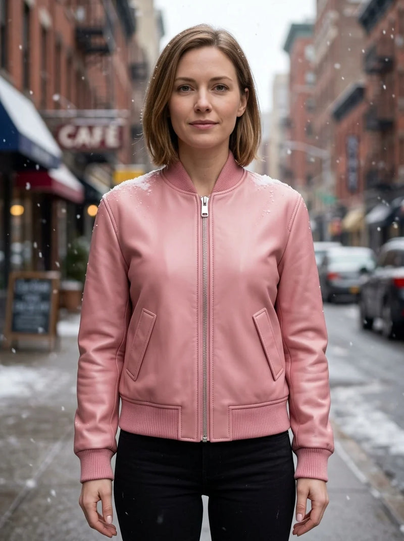 Pink Slim Fit Bomber Leather Jacket For Women