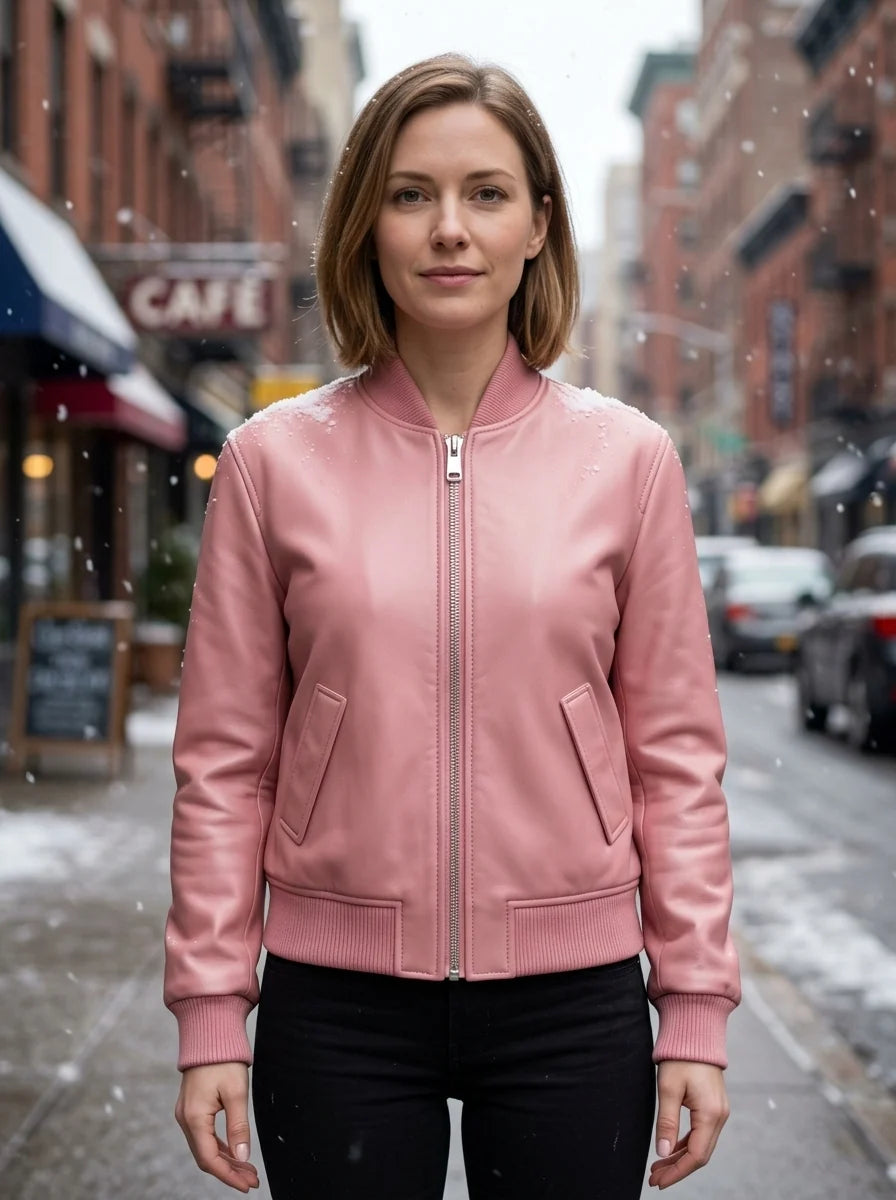 Pink Slim Fit Bomber Leather Jacket For Women