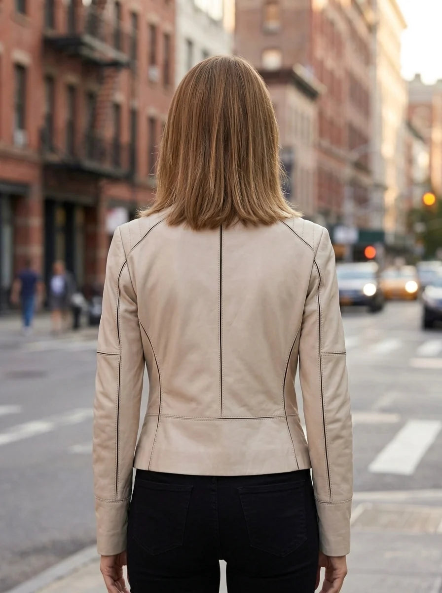 Priscilla Beige Leather Jacket for Women