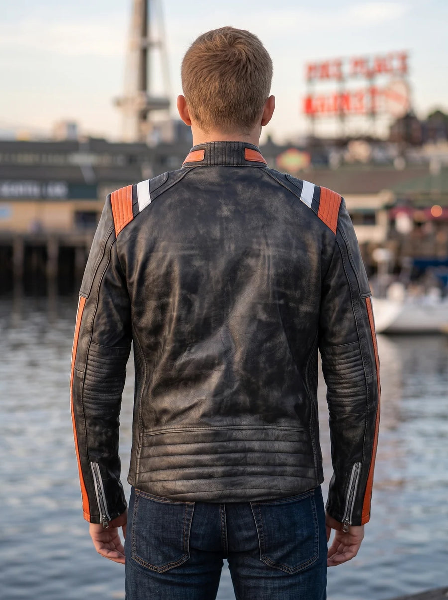Retro Black Distressed Leather Jacket For Men