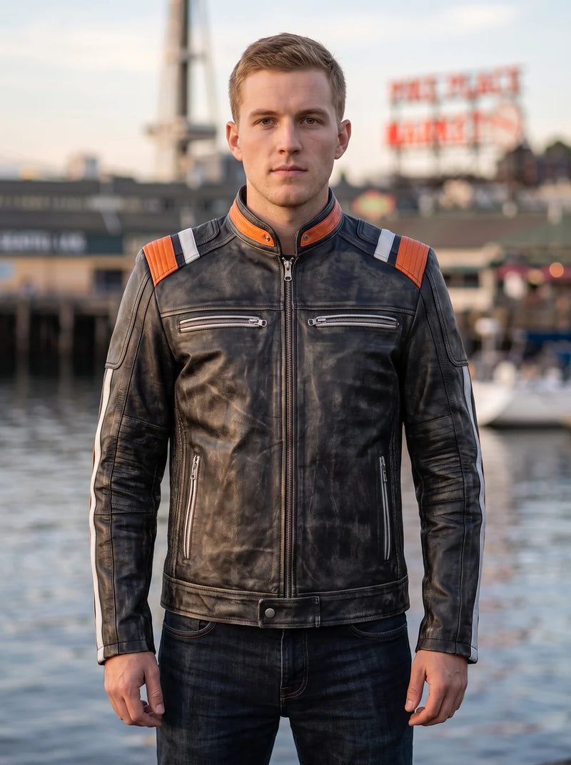 Retro Black Distressed Leather Jacket For Men
