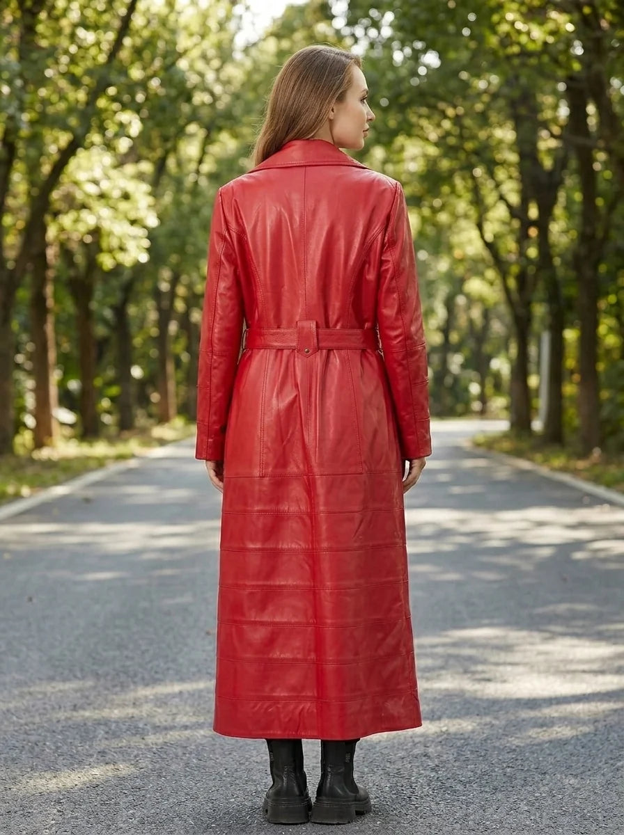 Rose Red Long Leather Coat With Center Belt For Women