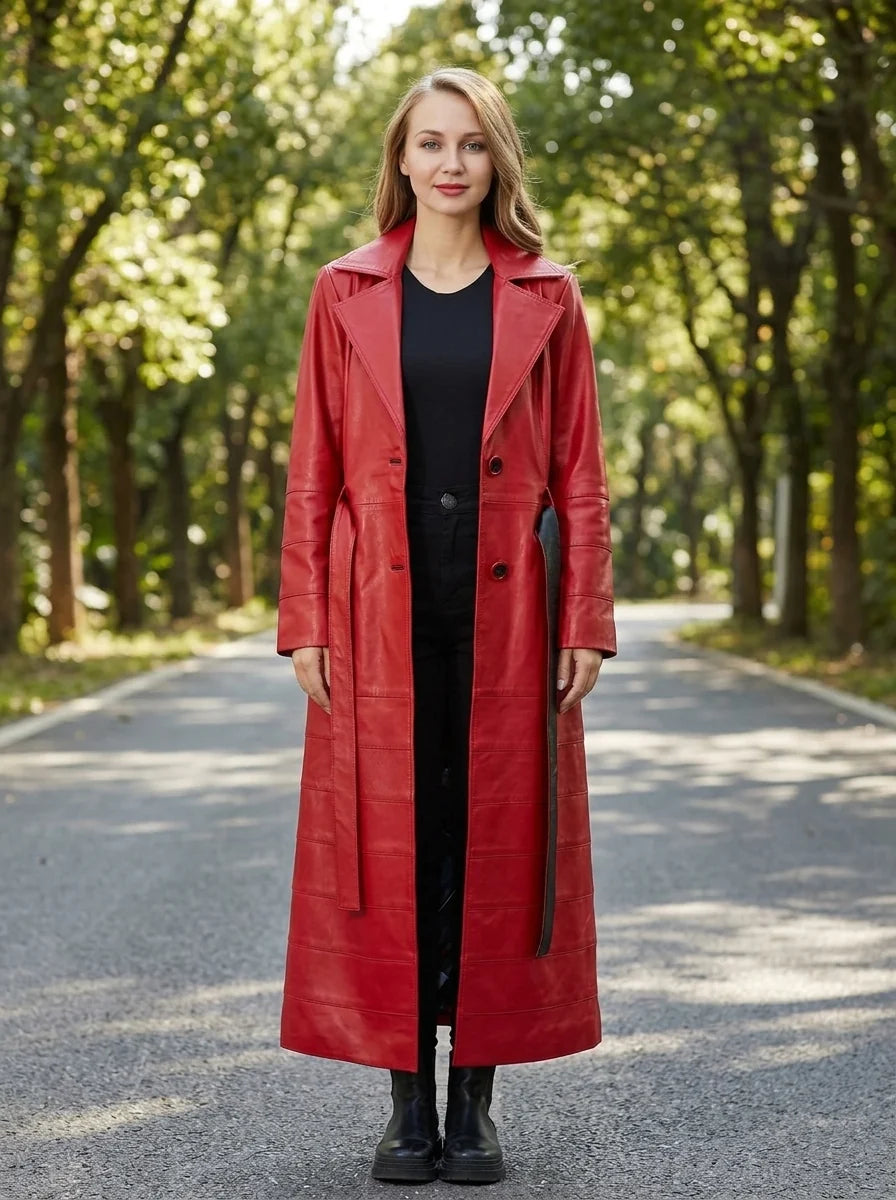 Rose Red Long Leather Coat With Center Belt For Women