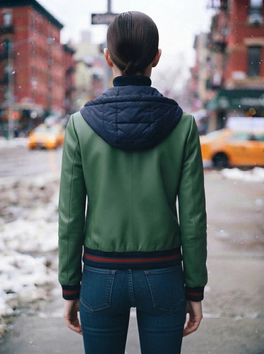 Sabrina Green Leather Jacket With Hoodie For Women