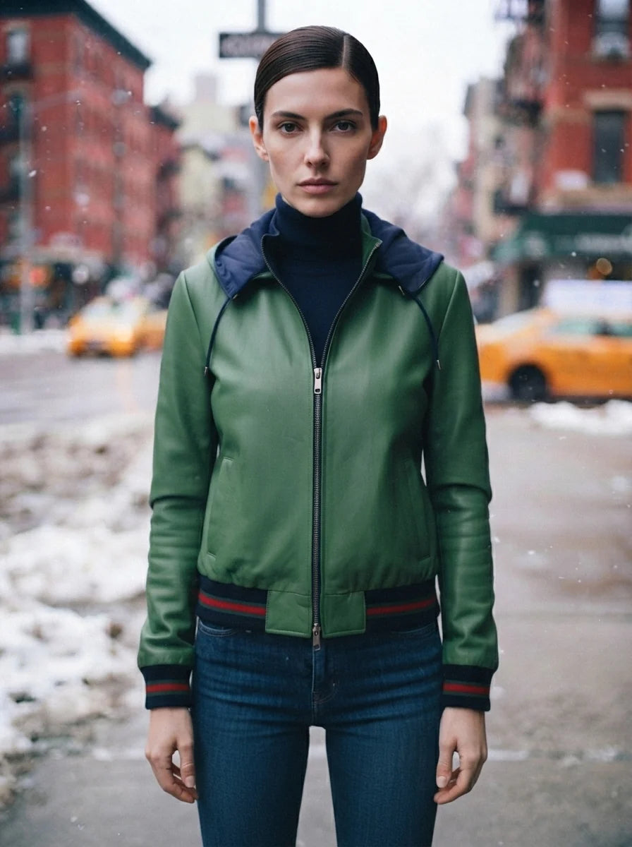 Sabrina Green Leather Jacket With Hoodie For Women