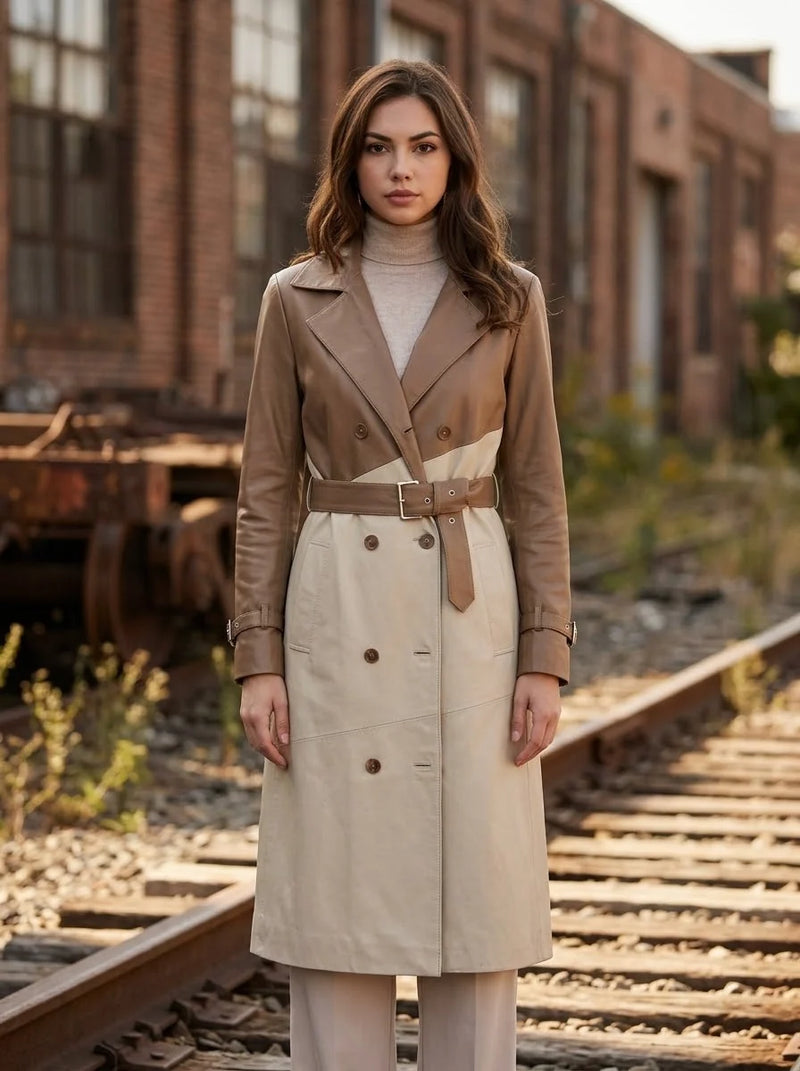 Sofia Women's Beige Garnished Cappuccino Leather Trench Coat