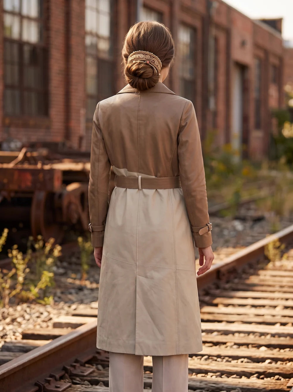 Sofia Women's Beige Garnished Cappuccino Leather Trench Coat