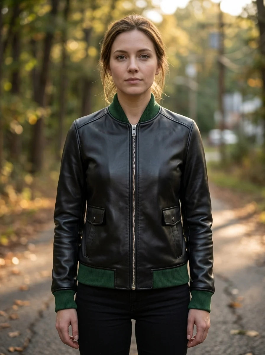 Stark Black Bomber Leather Jacket For Women