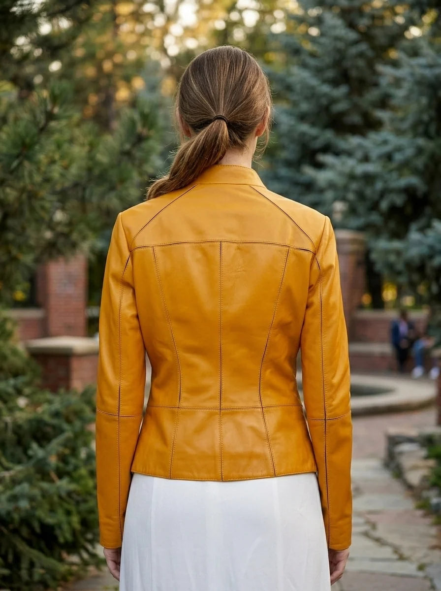 Stella bike Racer Yellow Leather Jacket For Women