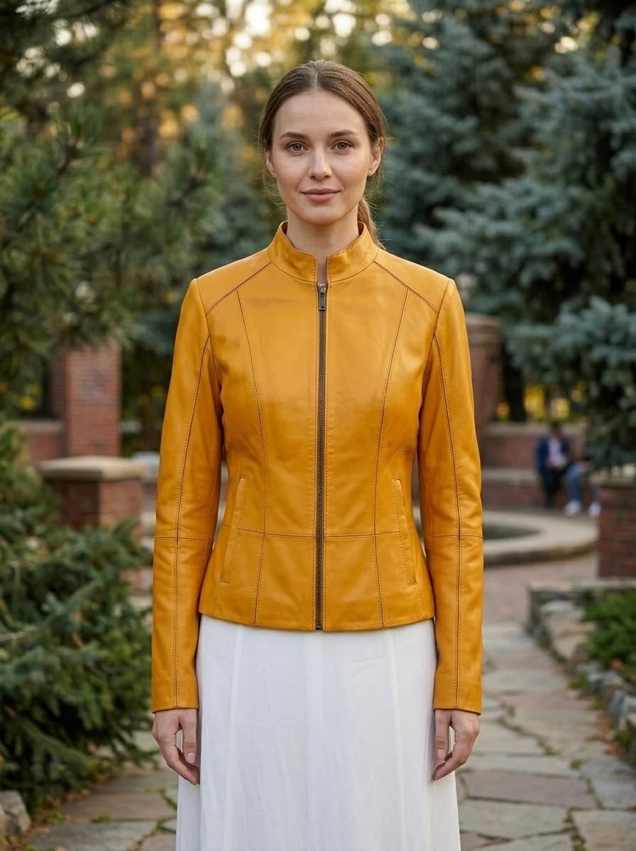 Stella bike Racer Yellow Leather Jacket For Women