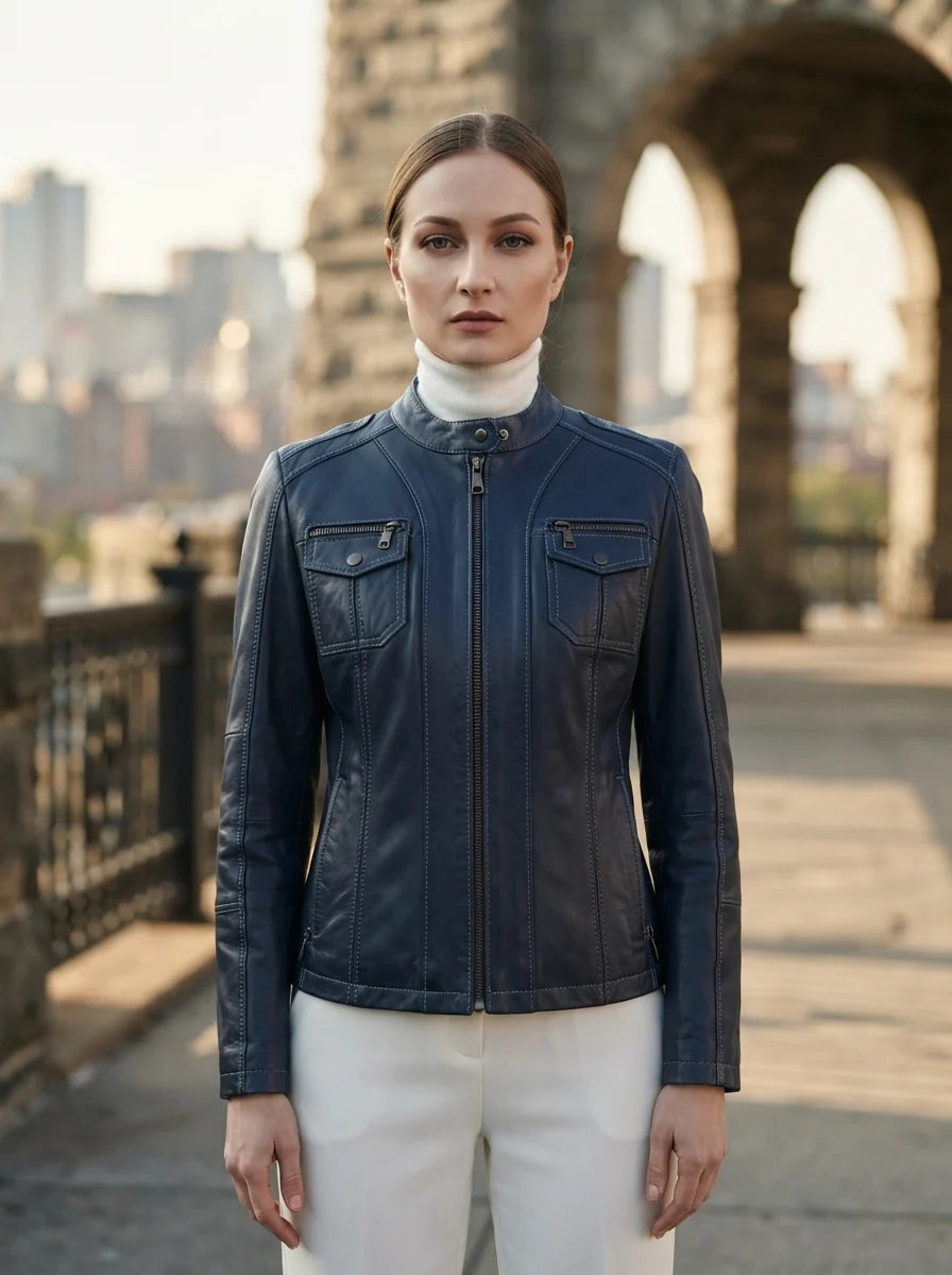 Stephanie Fit Blue Leather Jacket For Women