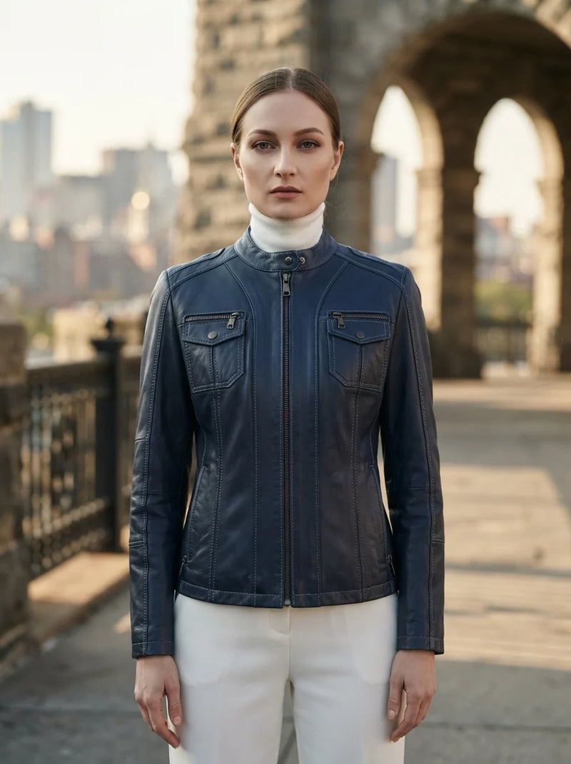 Stephanie Fit Blue Leather Jacket For Women