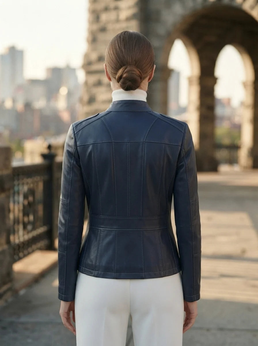 Stephanie Fit Blue Leather Jacket For Women