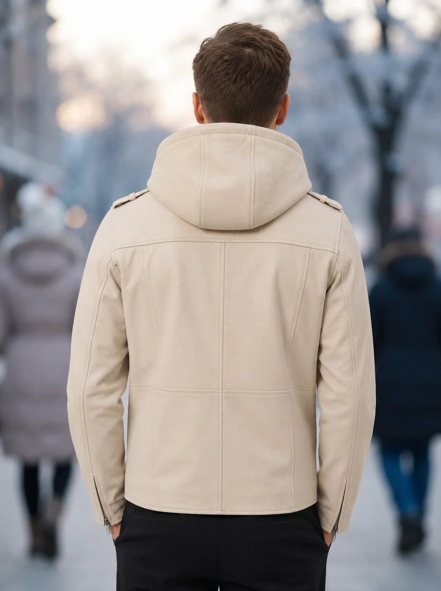 VantaRider Men's Beige Hooded Biker Leather Jacket