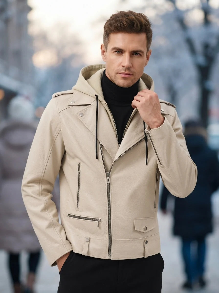 VantaRider Men's Beige Hooded Biker Leather Jacket