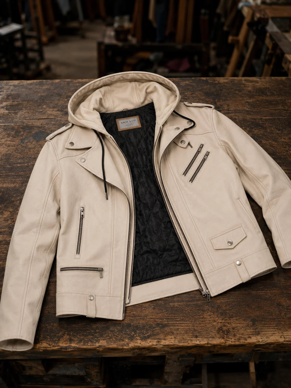 VantaRider Men's Beige Hooded Biker Leather Jacket