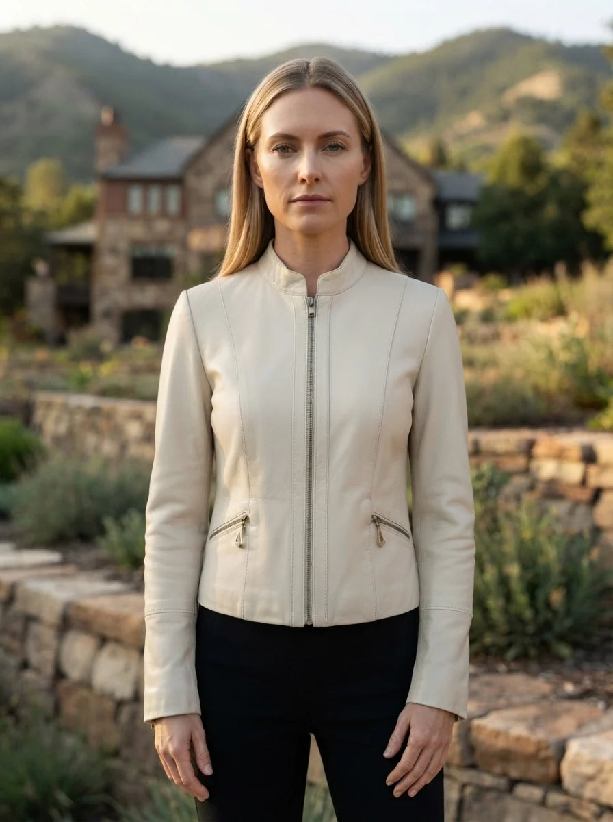 Viola Women Short Beige Leather Jacket