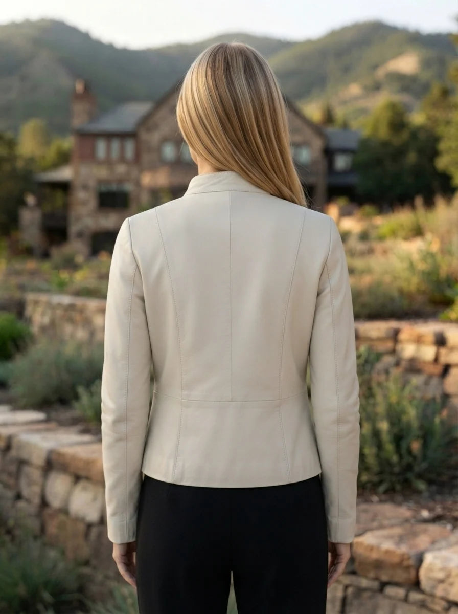 Viola Women Short Beige Leather Jacket