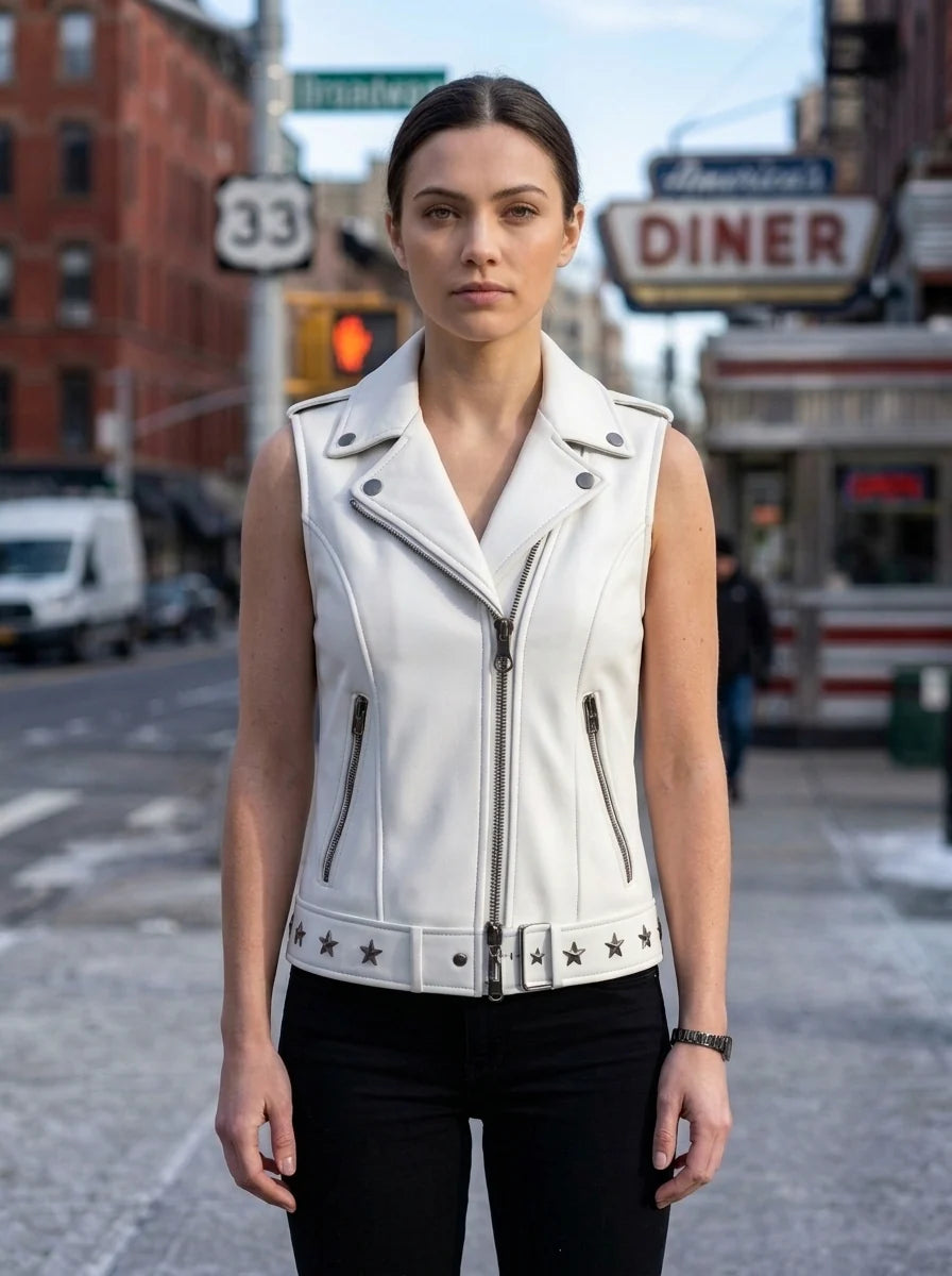 White Snow Vest Leather Jacket For Women