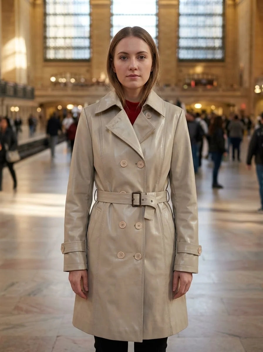 Women White High Collar Leather Coat