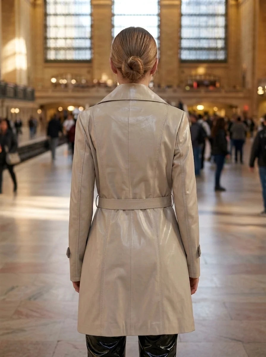Women White High Collar Leather Coat