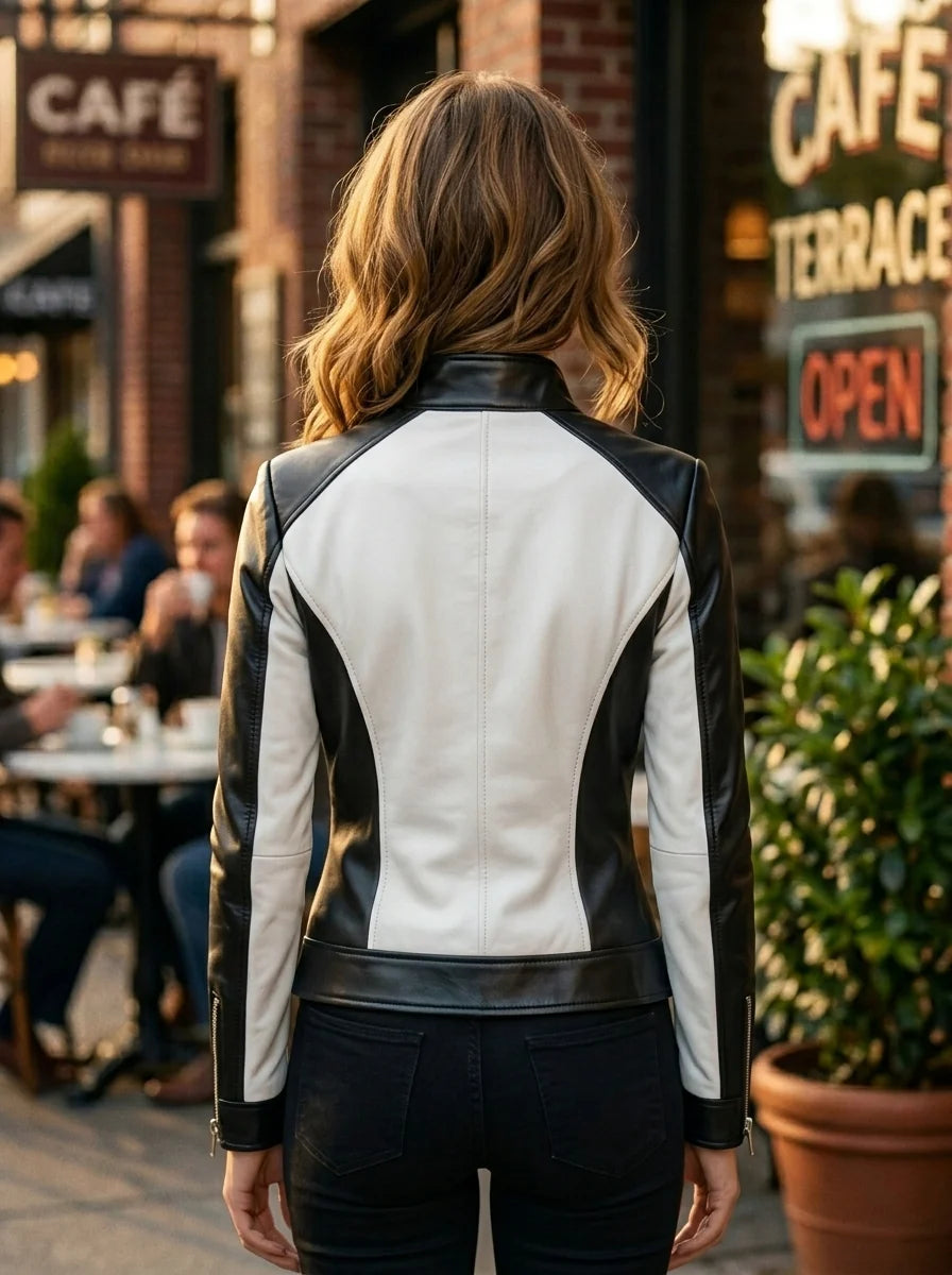 Women Black And White Motor Biker Leather Jacket