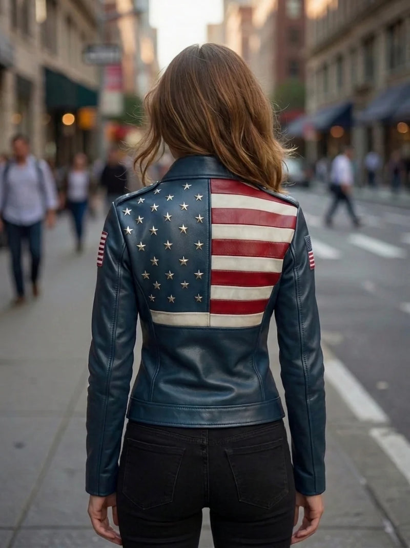 Women Blue Leather Jacket with American Flag