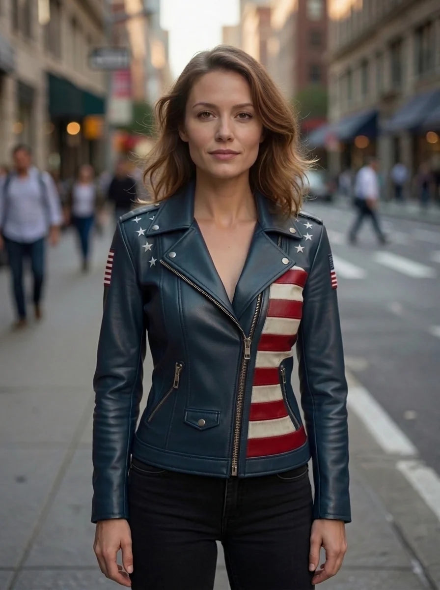 Women Blue Leather Jacket with American Flag